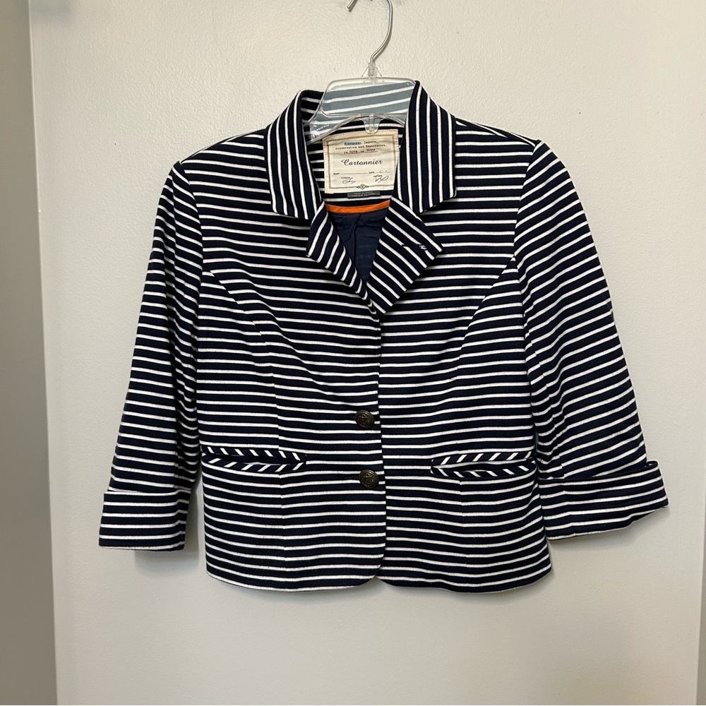 Anthropologie CARTONNIER Spinnaker Blazer Navy White Striped Jacket Coat XS